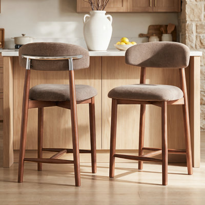 Solid Wood Bar Stools Set of 2,25'' Coffee-Colored Counter Height Bar Stools，Made Solid Wood and Fabric, Ideal for Kitchen Islands and Home Bars