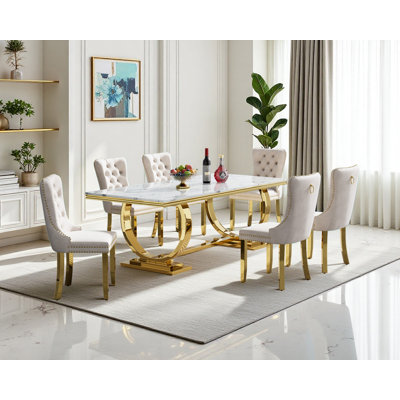 Luxury 68" Dining Table Set for, White Faux Marble Dining Table with Velvet Dining Chairs, Modern Kitchen Table and Chairs Set, Luxury Dining Table Set for Kitchen Dining