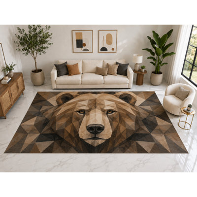 Grand tapis d'ours géométrique ultra mince de 6 pi 7 po x 9 pi 10 po, tapis intérieur doux à poils courts, envers en silicone antidérapant pour enfants de la salle familiale brun