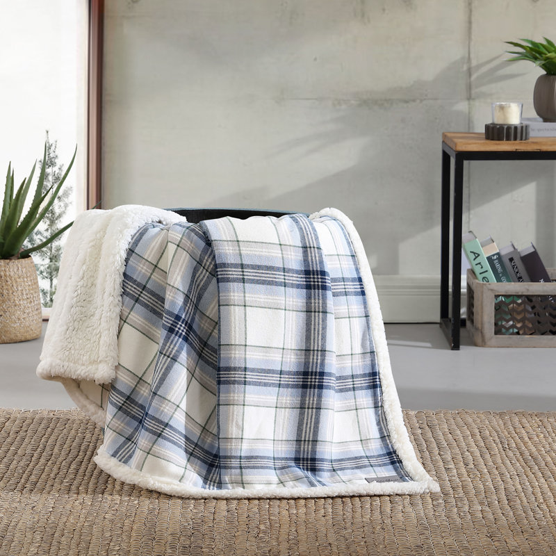 Eddie Bauer Printed Flannel/Sherpa Throw Blankets, Edgewood Plaid Blue