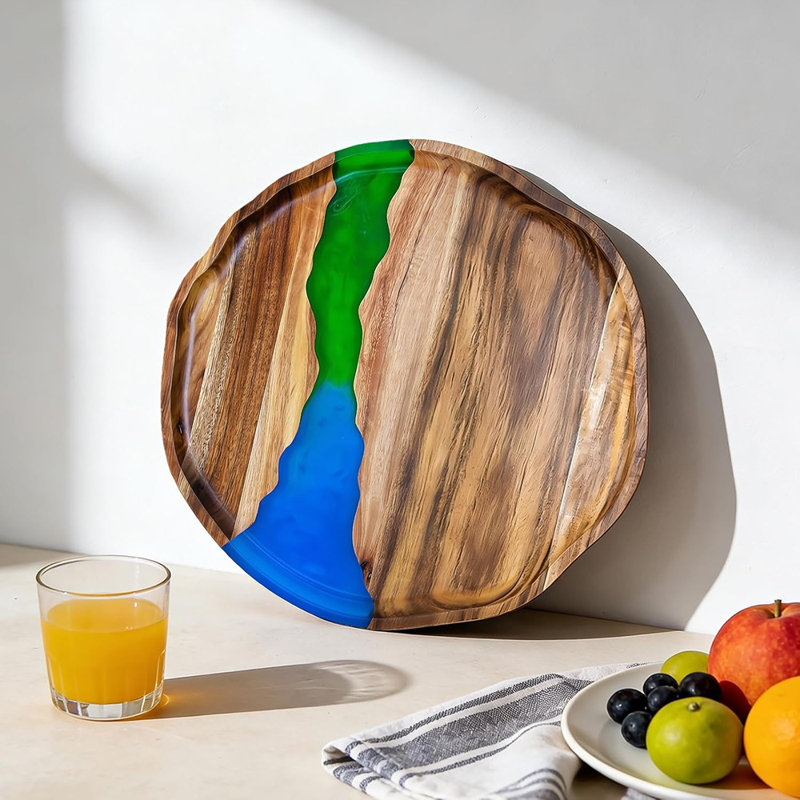Handmade Acacia Wood Serving Tray With Resin Design, Decorative Tray For Snacks, Drinks, Coffee Table, And Home Organization