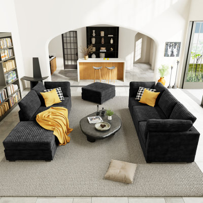 7-Piece Living Room Sofa Set, Modern Plush Corduroy Couch Set With Ottomans, Modular Design For Versatile Seating