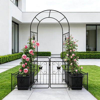 Metal Garden Arch With Gate 79.5'' Wide X 86.6'' High Climbing Plants Support Rose Arch Outdoor