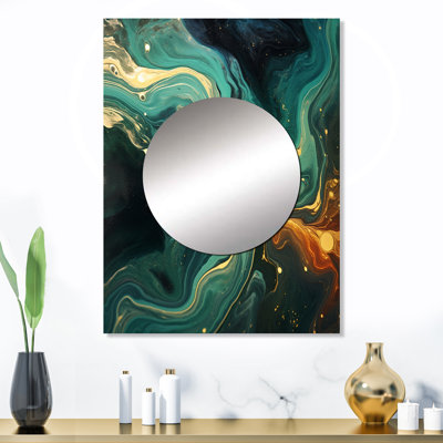 Vinni abstrait vert et or marbre rivière I - miroir mural en marbre, miroir décoratif vert, impression sur métal