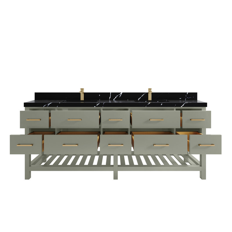 Parker 84 In. W X 22 In. D Double Sink Bathroom Vanity In Evergreen With 2 In., Calacatta Black