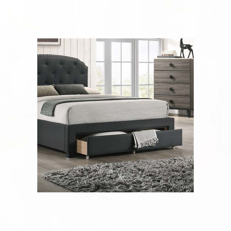 Lit en tissu d'ameublement avec tête de lit et tiroir, Gris anthracite, Simple