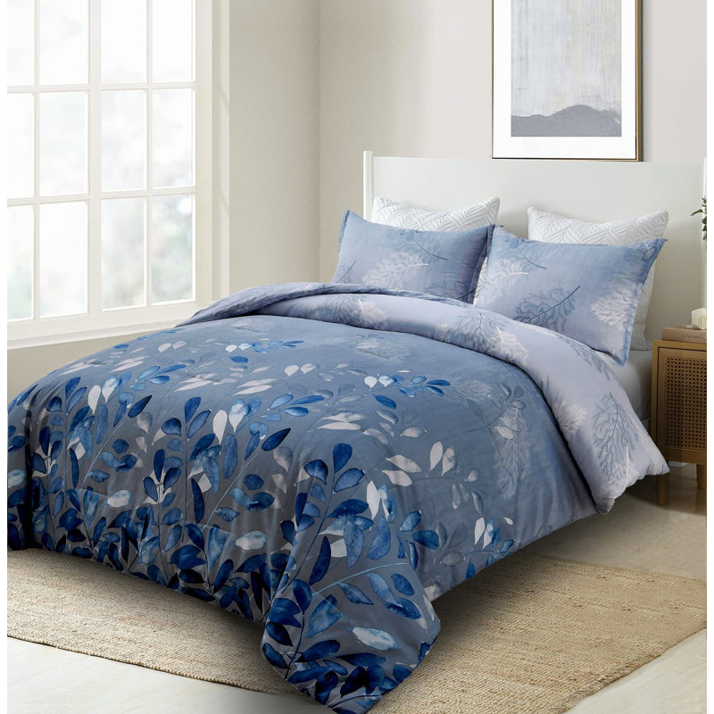 Ensemble d'édredon réversible 3 pièces à motif floral en microfibre douce toutes saisons, Bleu