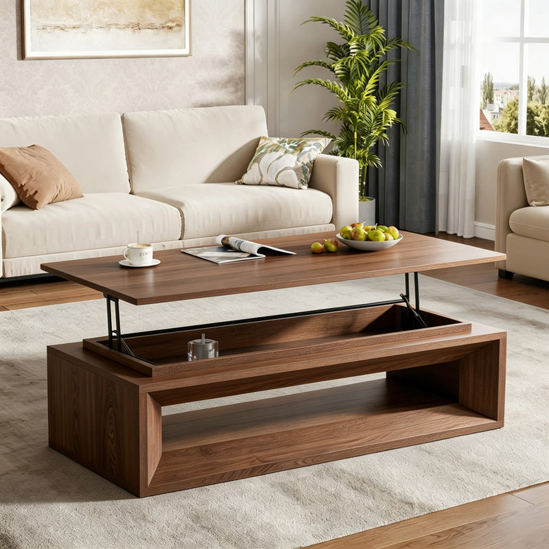 Table basse à plateau relevable 43,3 po en bois massif avec rangement caché, Noyer