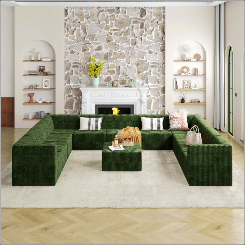 Chiemela Boneless Modular Sectional Sofa, Green Corduroy