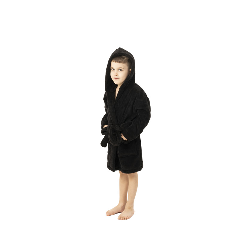 Kids' XL Black Microfiber Fleece Hooded Bathrobe