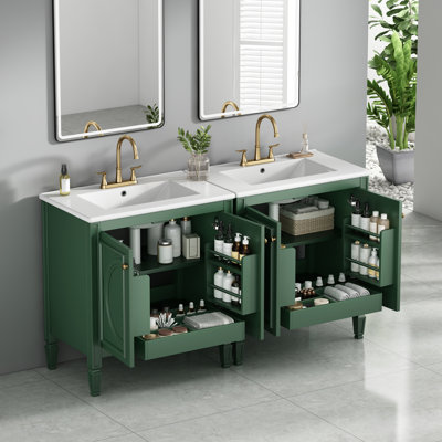 Élégant meuble-lavabo double avec lavabo en céramique, structure en bois, style rustique