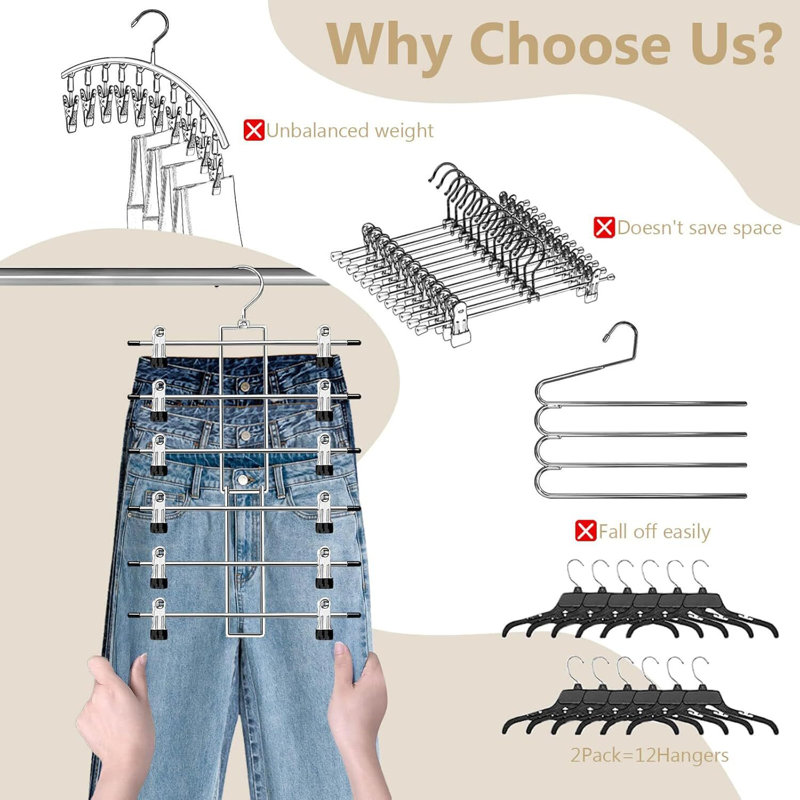 Paquet de 2, support à pantalons à 6 couches avec pinces, crochets rotatifs à 360 ° pour économiser de l'espace; Idéal pour le rangement et la suspension d'un dortoir, d'un appartement et d'une armoire.
