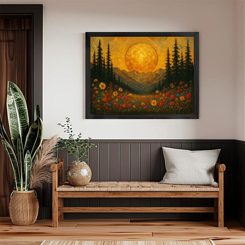 «Moonlit Pine Forest», encadré noir, pleine lune, peinture de champ de fleurs sauvages, art mural paysage nature Moody Mystical