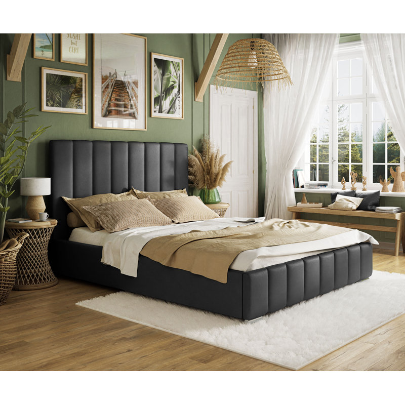 Emiljan Ekoskin Upholstered Bed, Black, 140 x 200cm