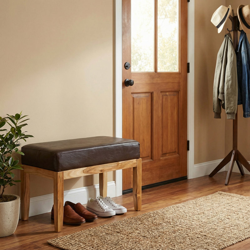 Banc Layan 100% cuir véritable et teck, brun
