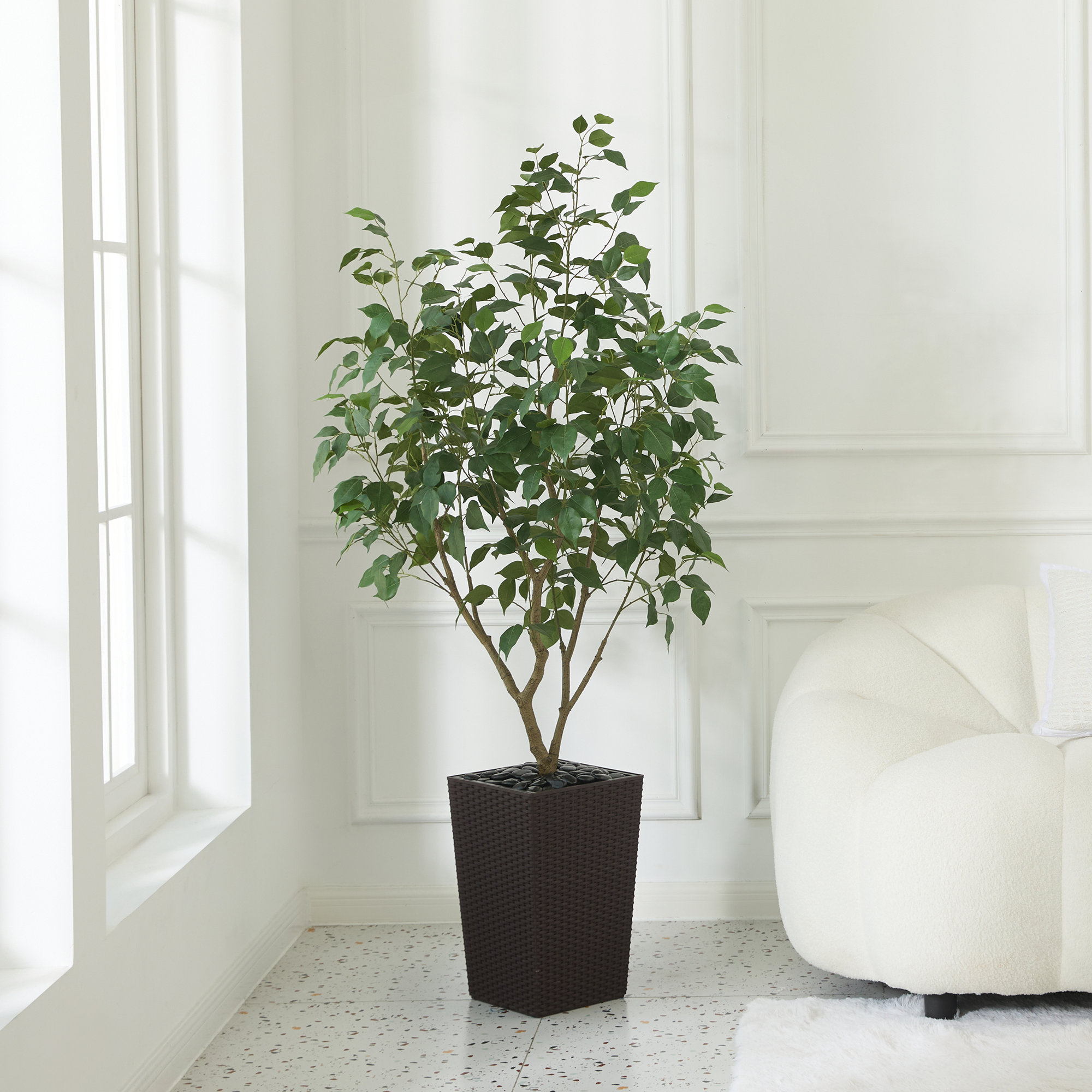 George Artificial Ficus Tree, UV Protected Faux Greenery with Huge Decorative Base for Indoor Outdoor, 60" H x 20" W x 20" D