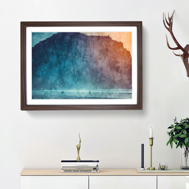 Surfing by Morro Rock - Picture Frame Painting Print, 24cm H x 33cm W x 2cm D, Walnut Framed