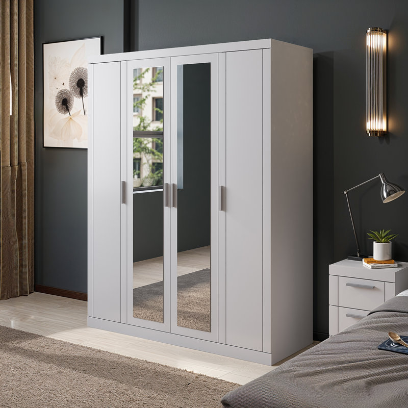 4 Door Wardrobe with Mirror, White