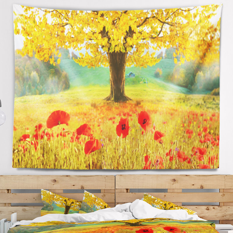 Tapisserie florale à motif d'automne jaune, H 78 po x l 92 po