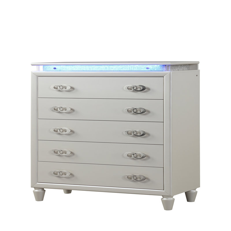 Commode 5 tiroirs à DEL en bois blanc laiteux