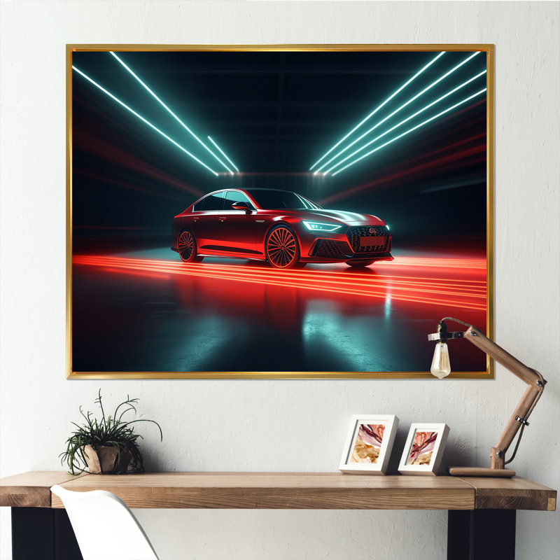 «Neon Light Strips Around Red Sedan», reproduction sur toile, H 24 po x l 32 po x P 1 po, Cadre flottant doré