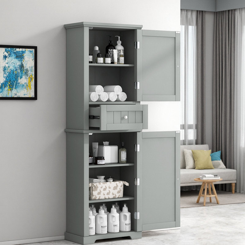 Luxury Tall Narrow Bathroom Storage Cabinet, 67.7" Freestanding Cabinet with 2 Doors, 1 Drawer & Adjustable Shelf, Space-Saving Grey Storage Tower