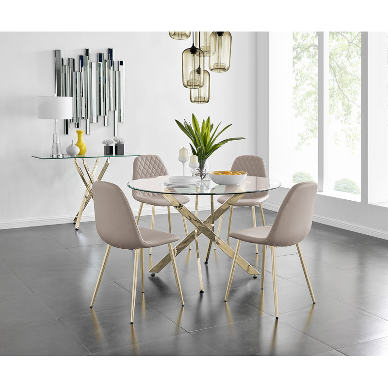 Tierra Chrome Metal and Glass Round Dining Table Set with 4 Faux Leather Upholstered Dining Chairs, Cappuccino Beige, Gold