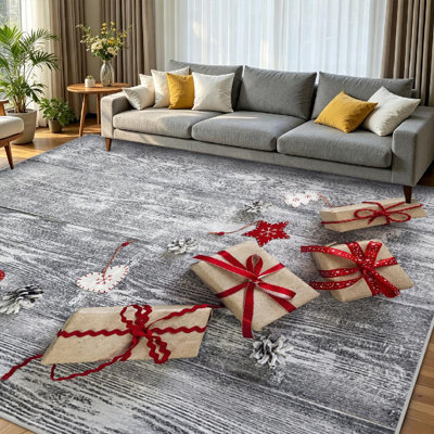 Red Machine Washable,Gift Boxes with Ribbon Christmas Indoor Area Rug