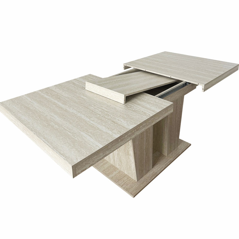 Table de salle à manger rectangulaire extensible, convenant pour 6 à 10 personnes, avec un motif de travertin veiné, dimensions 160 à 200 cm, simple et élégante.