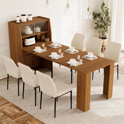 Convertible Extendable Dining Table Set with 6 Upholstered Chairs, 86.61''L x 33.27''W x 29.92''H 2‑in‑1 Dinner Table with Integrated Storage Buffet Hutch, Manufactured Wood Space‑Saving Furniture for Kitchen & Small Apartment