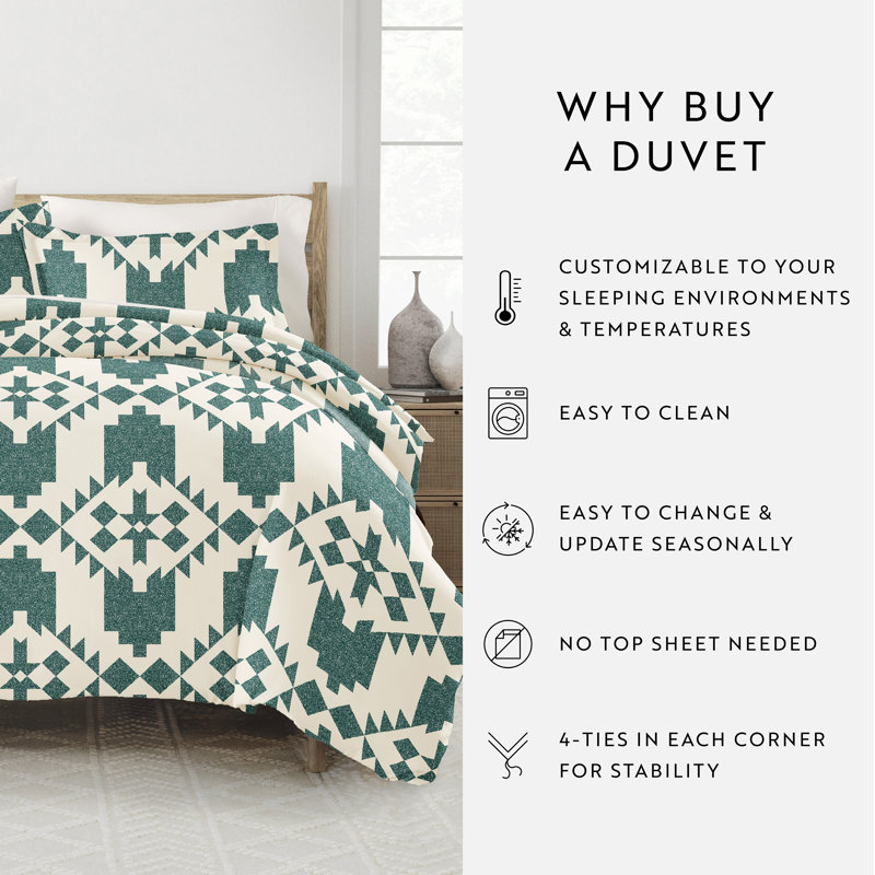 Teal and White Geometric Microfiber Twin Duvet Cover Set