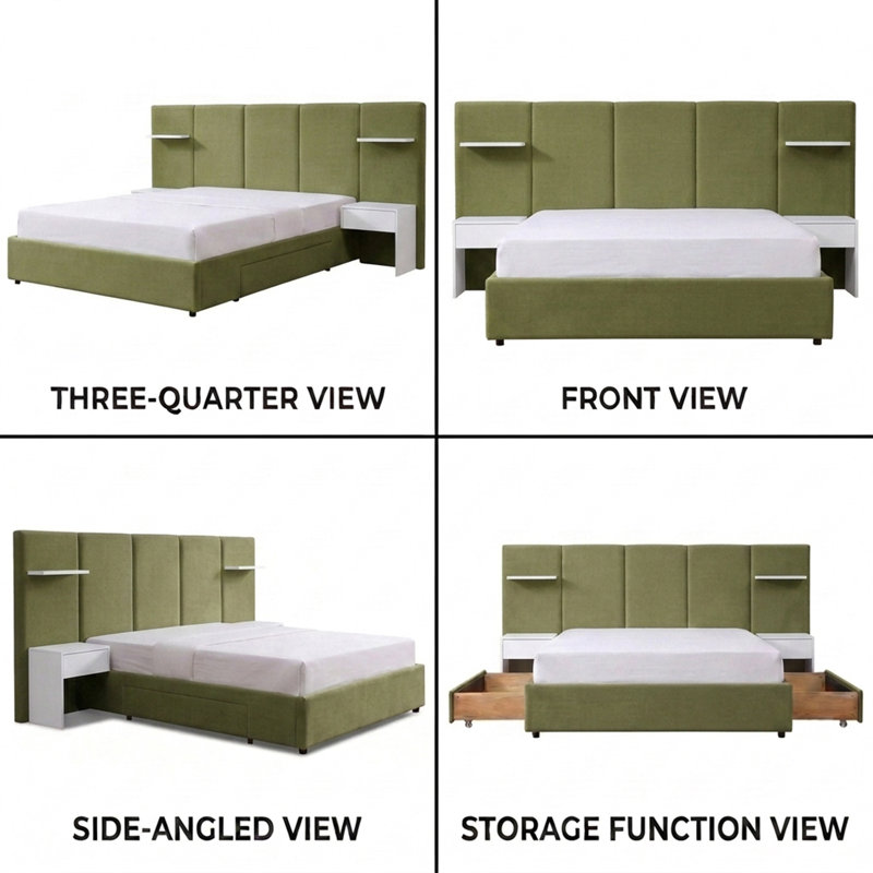 Tall Headboard Upholstered Platform Bed with Nightstands, Drawers & Floating Shelves, Queen, Green Velvet, Queen, Green