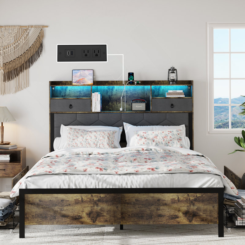 Queen Size Vintage Brown Upholstered Metal Frame Bed with Storage and Charging Station