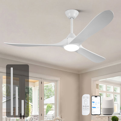Ventilateur de plafond extra large de 208 cm (82 po) en bois avec éclairage, télécommande via application Alexa, 3 pales, moteur CC silencieux et écoénergétique, style ferme moderne idéal pour un grand salon ou un espace commercial avec haut plafond.