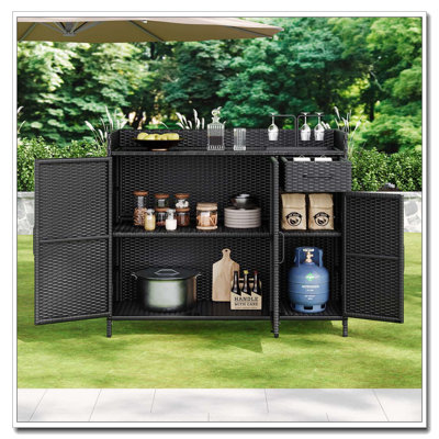 47.5" Wicker Outdoor Storage Cabinet with Tempered Glass Top