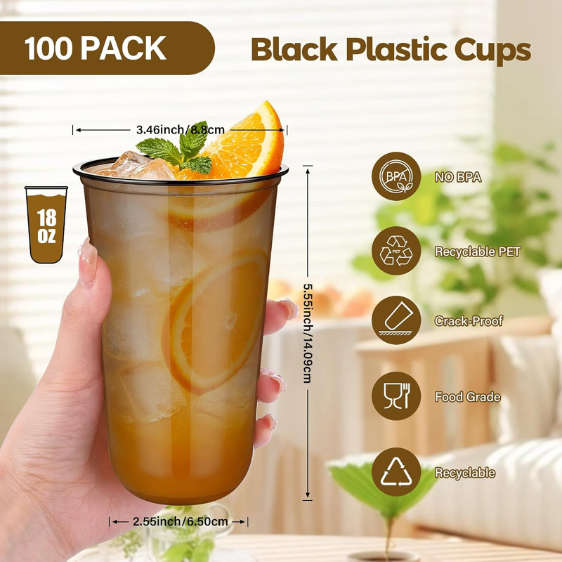 100 tasses en plastique noir 18 oz