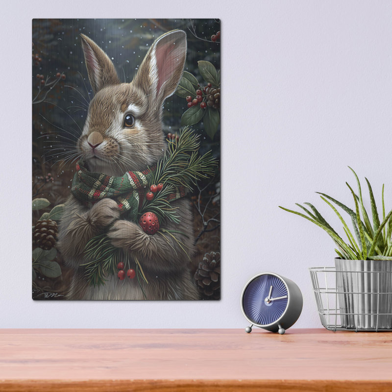«Christmas Rabbit With Scarf» par Momart, art mural en métal, H 16 po x l 12 po