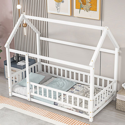 Modern Twin Size Floor Bed With House Roof Frame, Fence Guardrails