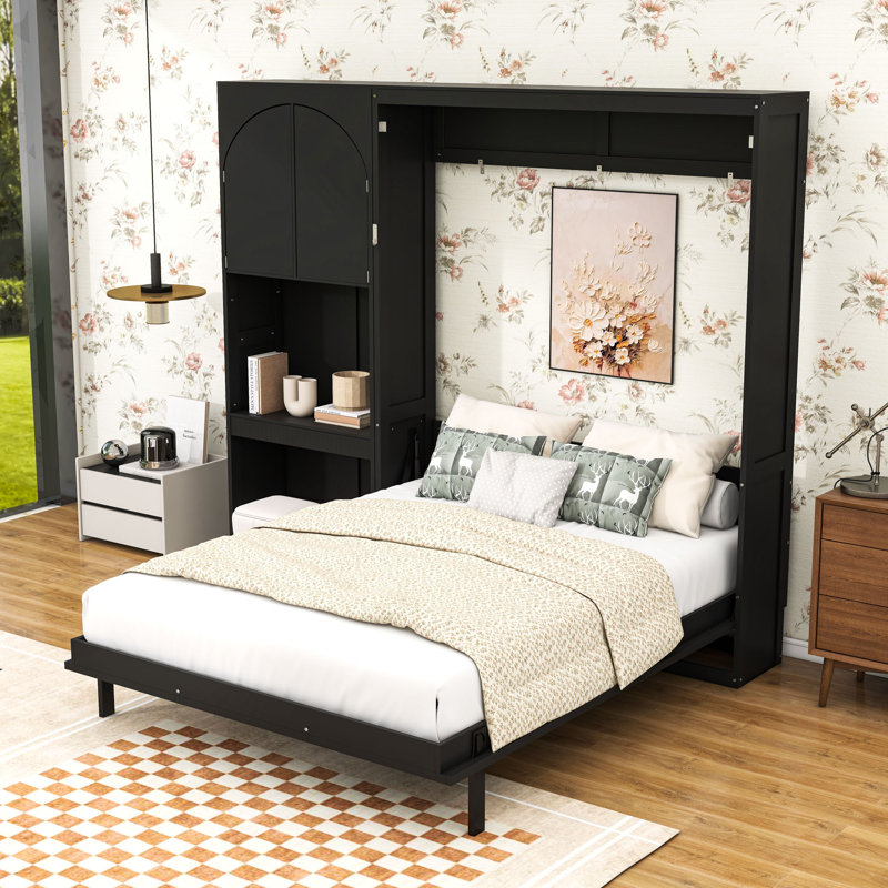 Grand lit escamotable avec armoire de rangement et éclairage DEL, Noir