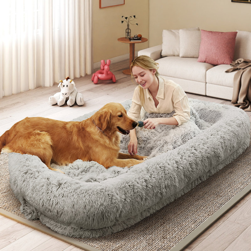 76" Extra Large Human Size Dog Bed for Adults, Plush Long Fur Orthopedic Dog Bed with Removable Cover, Light Grey, Plush Grey