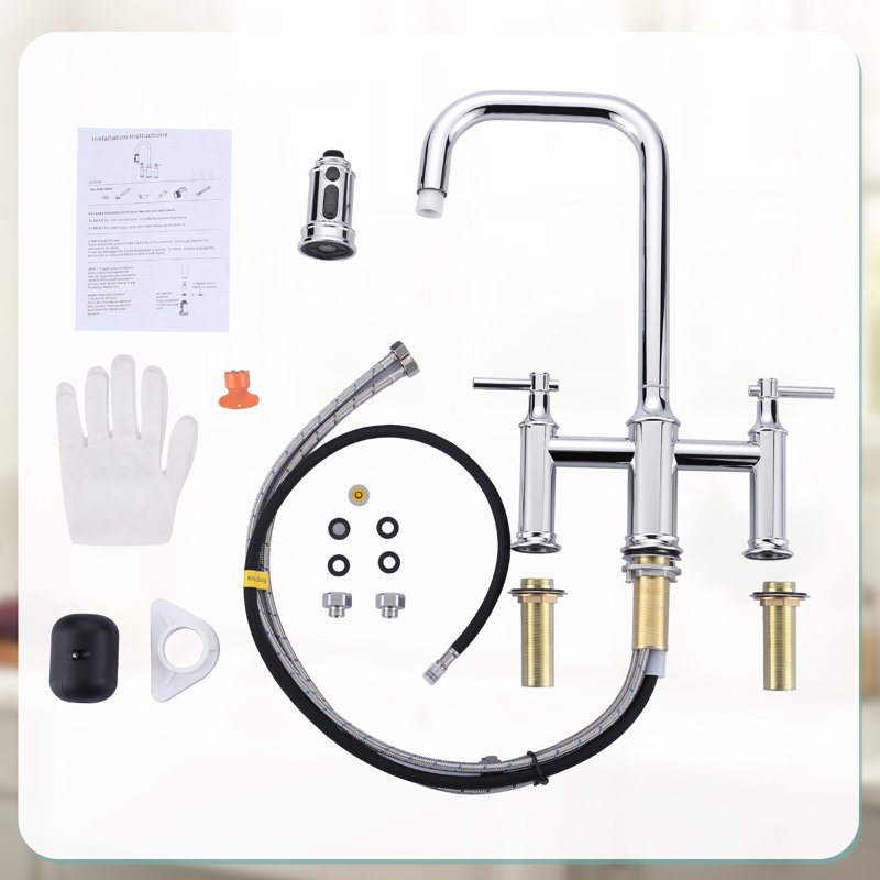 Bridge-Style Kitchen Faucet With Dual Handles And A Pull-Down Spray Head, Designed For Installation On A 3-Hole Kitchen Sink