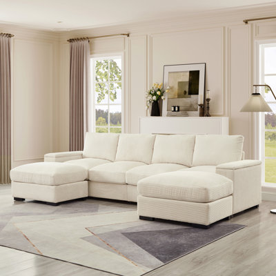 Canapé modulaire à assise profonde avec repose-pieds et canapé-lit en velours côtelé
