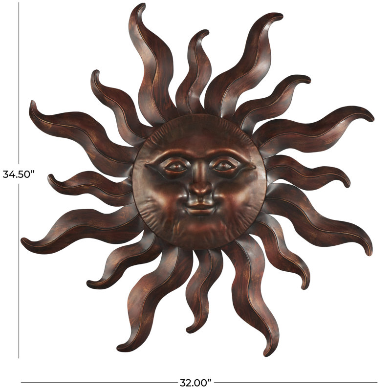 Cole et soleil en métal gris avec visage souriant et rayons incurvés - Art textuel, H 34,5 po x l 32 po x P 1,3 po, Bronze