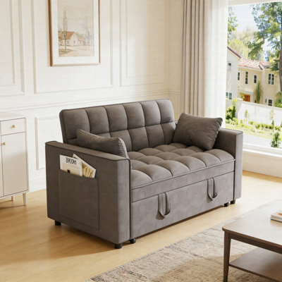 Velvet Sleeper Sofa With Pull-Out Bed – Modern Convertible Loveseat Sofa Bed With Adjustable Backrest, Pillows & Side Pockets