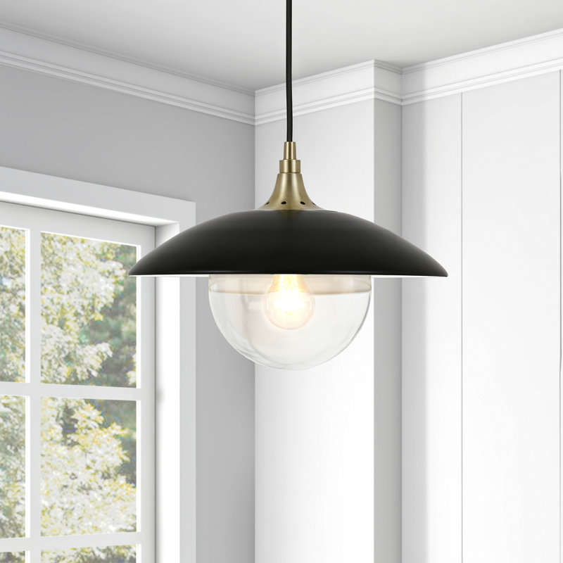 Luminaire suspendu en forme de dôme à 1 lumière Morine, Noir mat / laiton, Transparent