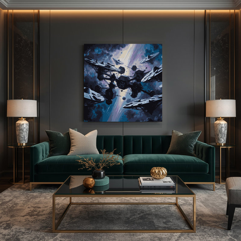 «Space Space station silhouettes», art mural sur toile grise, H 12 po x l 12 po