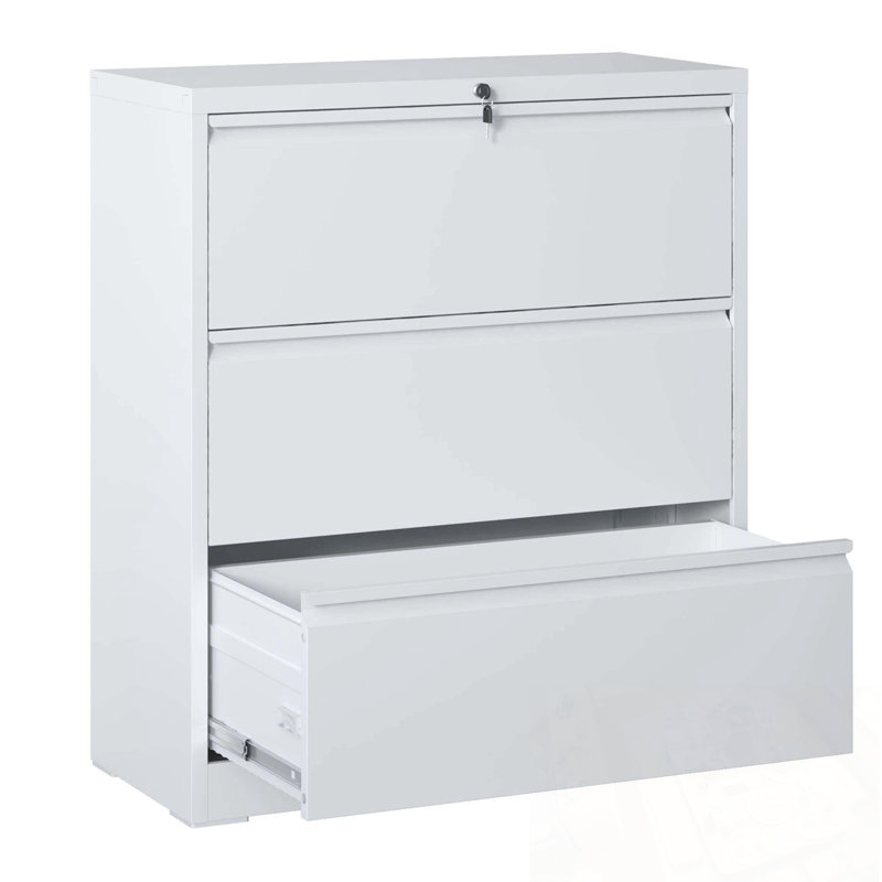 Wide Metal File Cabinet with 3 Drawers and Lock, White