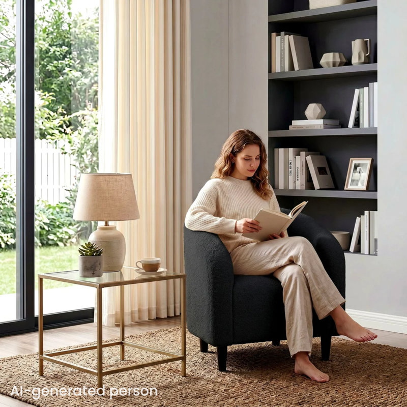 Accent Barrel Chair, Modern Furry Teddy Fabric Club Chair, Upholstered Armchair With A Side Pocket For Living Room/Bedroom/Reception Room, Teddy Black