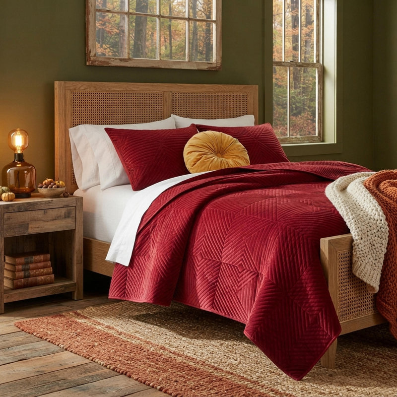 Bann Riviera Velvet Reversible Quilt Set, King Quilt + 2 King Shams, Red Geometric Shapes