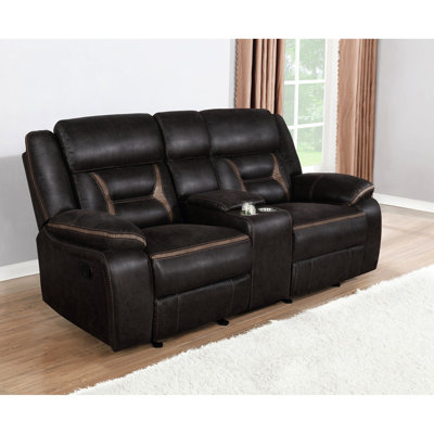 Fauteuil coulissant brun avec console, inclinaison manuelle pour des sièges confortables dans l'espace de vie, mécanisme de glissement en douceur, rangement relevable, prises de courant, deux porte-gobelets, support de coussins à ressorts ensachés, serré